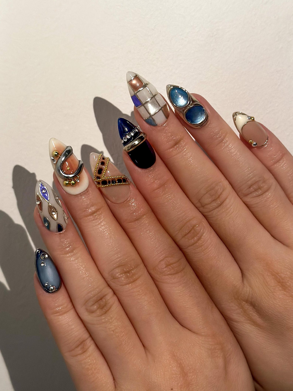 Luxury Blue Silver Press On Nails | Nude Gilded Ring Nail Art | Nude & Steel Statement Nails | High Fashion Almond Nails | OB1023EC