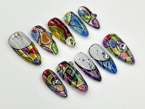 Stained Glass Fantasy Press On Nails | Hand-Painted Mosaic Nail Art | Sparkly Abstract Rainbow Design | Festival Boho Press On Set | OC786HC