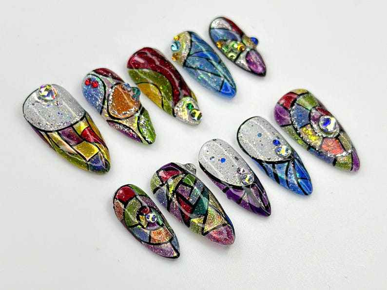 Stained Glass Fantasy Press On Nails | Hand-Painted Mosaic Nail Art | Sparkly Abstract Rainbow Design | Festival Boho Press On Set | OC786HC