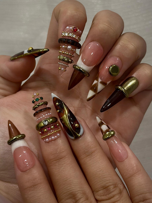 Brown Gold Luxe Press On Nails | Sculptural Ring Nail Art | Luxury Jewelry Inspired Nails | High Fashion Press Ons | Luxury Nail | OB262HK