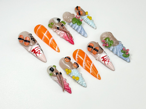 Cute Sushi Press On Nails | 3D Japanese Food Nail Art | Kawaii Salmon & Sushi Roll Nails | Handmade Foodie Press Ons | Fun Design | OB990HC