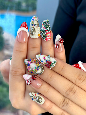 Merry Knit Christmas Press On Nails | 3D Bow Christmas Nail Art | Green Red Holiday Press Ons | Festive Handmade Set | OB220EC