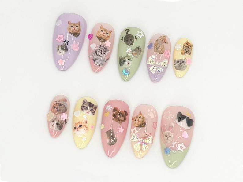 Cute Kitty and Bow Press-On Nail Set | Perfect for Pet Lovers | Kawaii Cat-Themed Press On Nails for Cute Style| Handmade Design |OB644LK