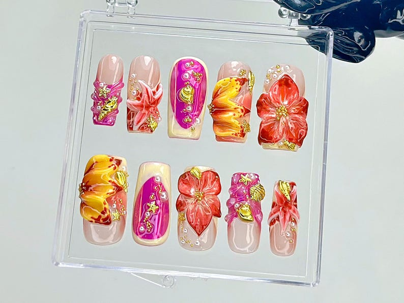 Tropical Hibiscus Press On Nails | 3D Floral Summer Fake Nails | Summer Bloom Nail Art | Sunset Color Bloom Kawaii Nails | 3D Nails |OB932YC
