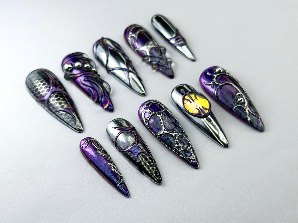 Metallic Dragon Scale Press-On Nails | Gothic Fantasy Inspired Set | Unique 3D Chrome Press-Ons | Cyberpunk And Gothic Nails | OB725HC