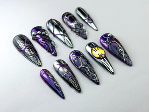 Metallic Dragon Scale Press-On Nails | Gothic Fantasy Inspired Set | Unique 3D Chrome Press-Ons | Cyberpunk And Gothic Nails | OB725HC