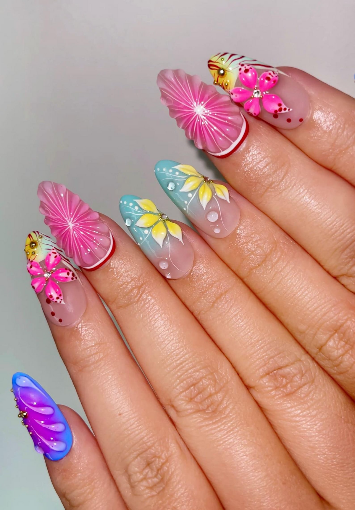 Tropical Bloom Press On Nails | 3D Flower Summer Nails | Colorful Citrus Slice Nails | Hand Painted Floral Nails | Vacation Nails | OB319H