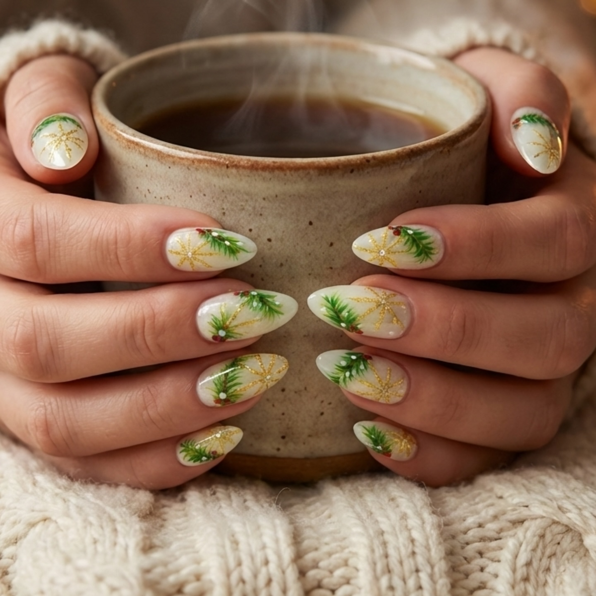 Luxury Christmas Press On Nails | Gold Snowflakes And Pine Accents Fake Nails | Festive Holiday Nail Polish | Seasonal Nail Art | OC650YC