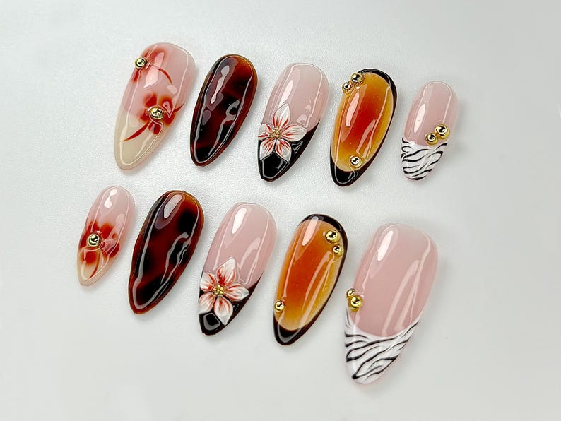 Brown Tortoise Shell Press On Nails | Zebra, Tiger Tip Nail Art | Safari Inspired Nail Art | Zebra Animal Kawaii Nails |Luxury Nails|OB797YK