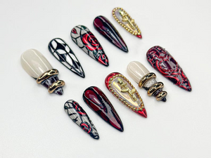 Gothic Rose Heart Press On Nails | 3D Black Red Gold Nails | Handmade Gothic Vampire Glam Nail Set | Black Stiletto Press Ons | OB775HC