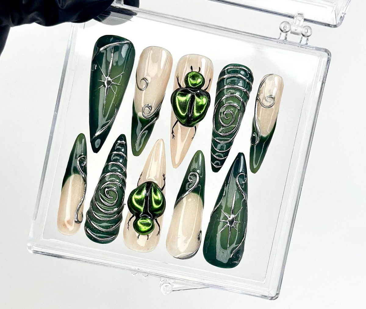 Gothic Green Press On Nails | Spider Web Nail Art | Dark Forest Vibes | Beetle 3D Design | Forest & Spider Web Details | OC963E