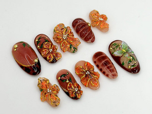 Custom Brown Floral Press-On Nails | Fall Leaves Design | Brown and Orange 3D Nail Art | Custom Nail Design | Autumn Elegance | OB595H