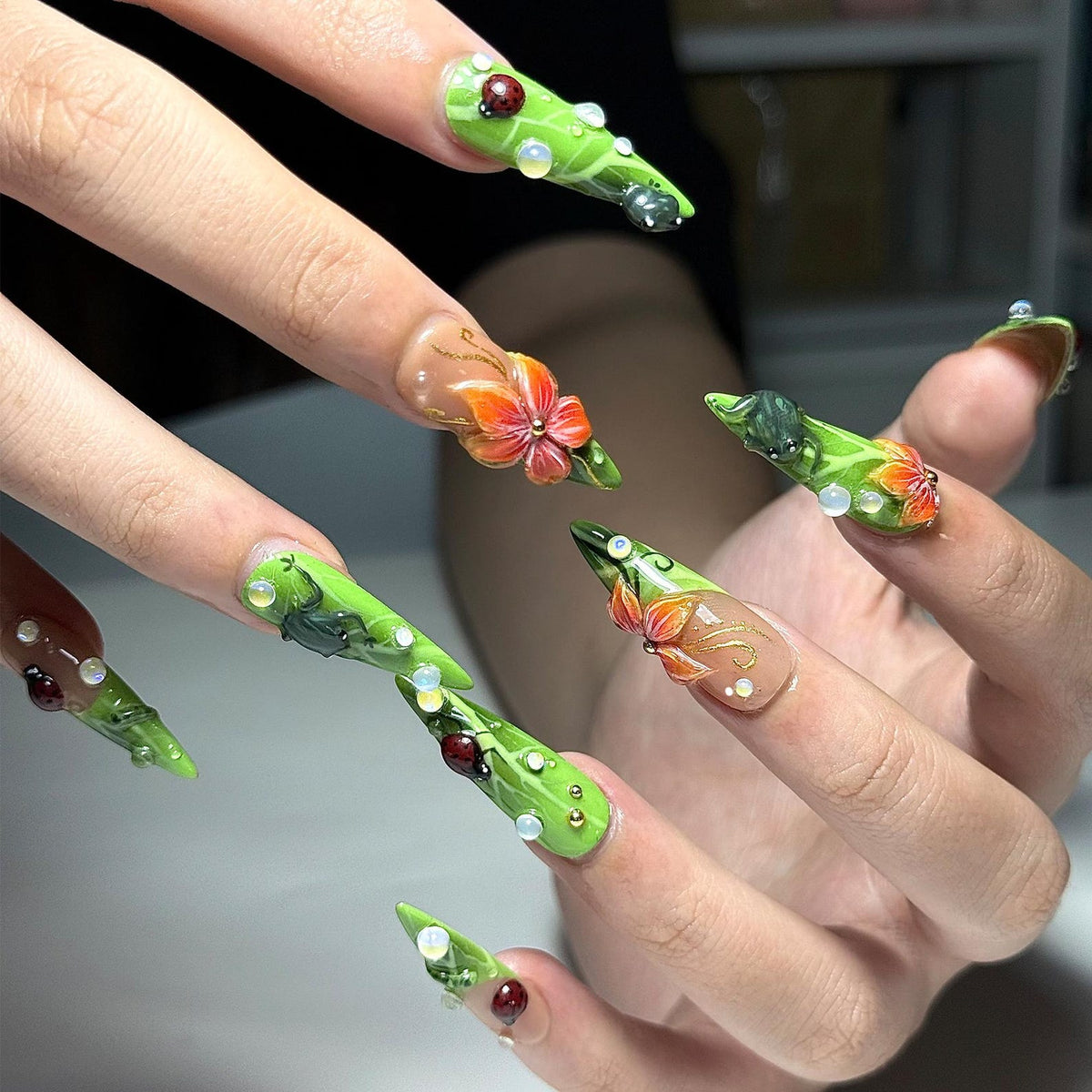 Green Floral Press On Nails with Ladybug and Pearl | 3D Nature Nails in Long Almond | Handmade Spring Nails for Wedding, Vacation | OB330N