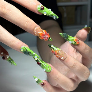Green Floral Press On Nails with Ladybug and Pearl | 3D Nature Nails in Long Almond | Handmade Spring Nails for Wedding, Vacation | OB330N