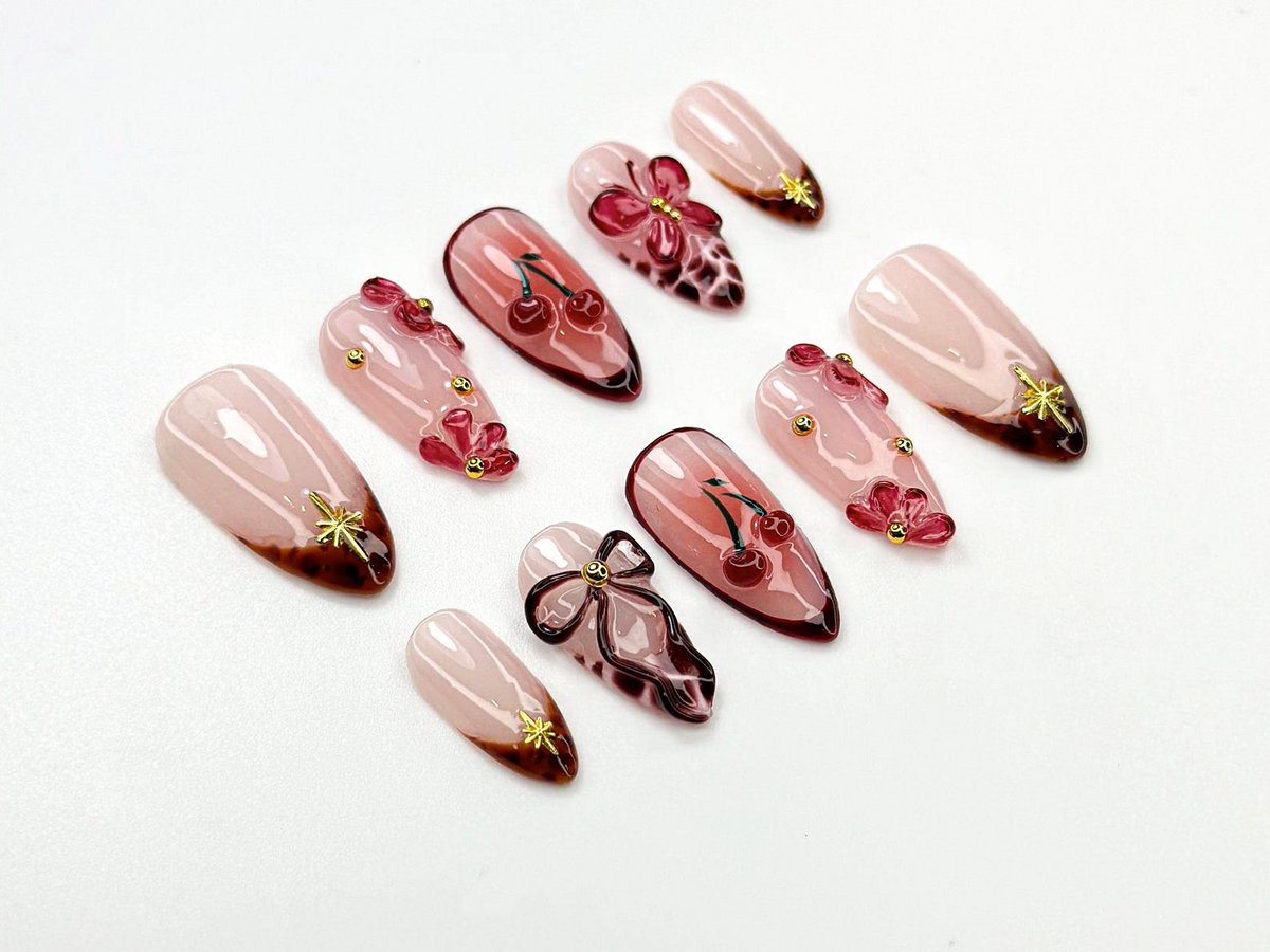 Cherry Blush Bloom Press On Nails | 3D Red Floral & Bow Nail Art | Sweet Cherry Nails | 3D Red Flower Nails | Romantic Nail Set | OC770HC