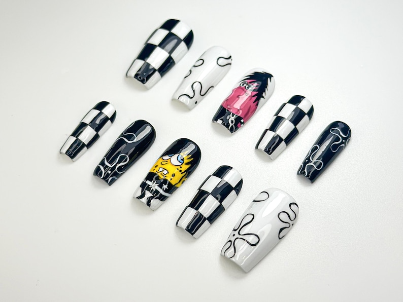 Punk Pop Cartoon Press On Nails | Black & White Checkerboard Nail Art | Handmade Funky Press Ons | Retro Pop Culture Nail Set | OB128HK
