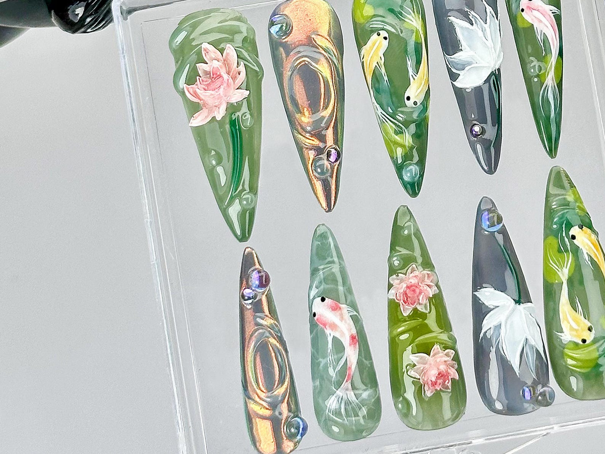 Koi Fish Nail Art by DoryNails | Japanese Pond Acrylic Nails | Water Garden Nail Art | Zen Inspired Fake Nails | Nature Aesthetic | OB808YK
