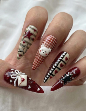 Nail Tabs for Press On Nails – Cherry Heart Teddy Gingham Nude Red Valentine Nails | OB23L