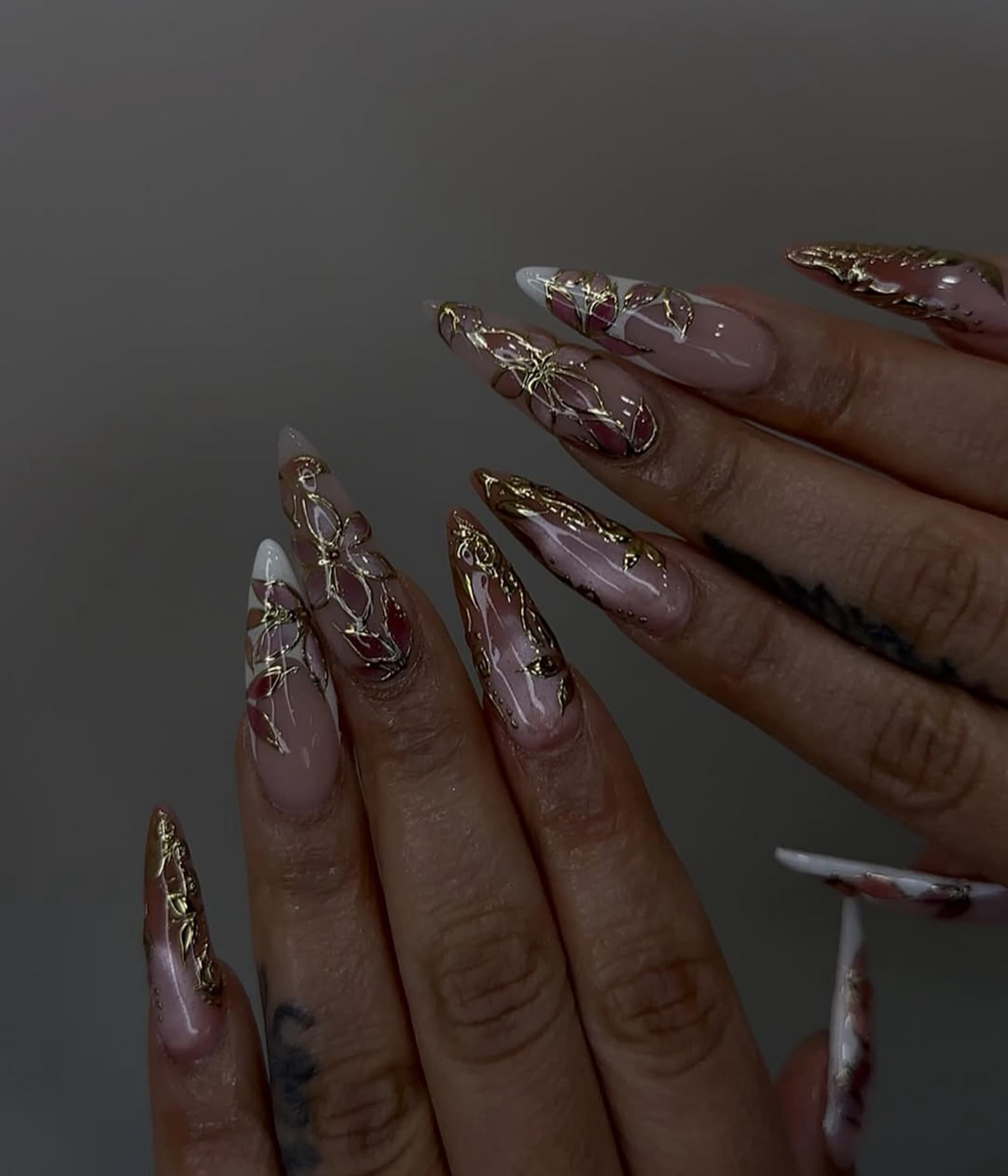 Elegant Pink Press On Nails | Blush Floral Nail Art | 3D Gold Vine Nails | Romantic Wedding Nails | Handmade Luxury Press Ons| OC842H