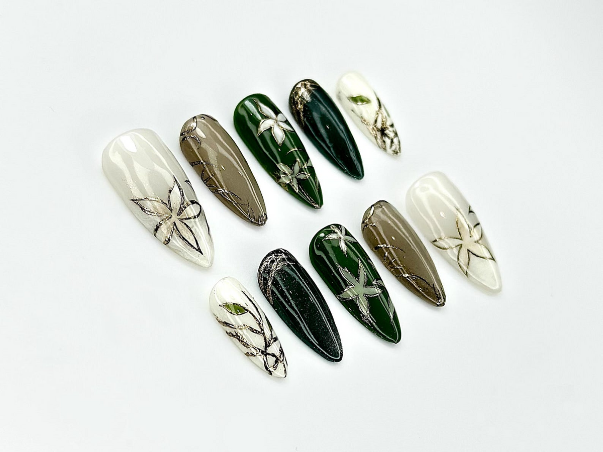 Jade Garden Serenity Press On Nails | Chinese Ink Painting Style | Lotus Bloom & Jade Charm Nails | Elegant Floral Nail Art | OC105EK