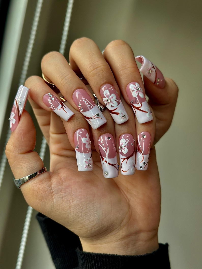 Floral Pink Gradient Press On Nails | Elegant Pink Floral Nail Art | Rhinestone & Petal Design | Romantic Spring Nails | OB206EC