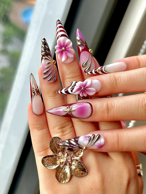 Elegant Violet Floral Press On Nails | Purple Chrome Floral Nails| Elegant Holiday Nails | Luxury Gradient Press Ons | OB211EC