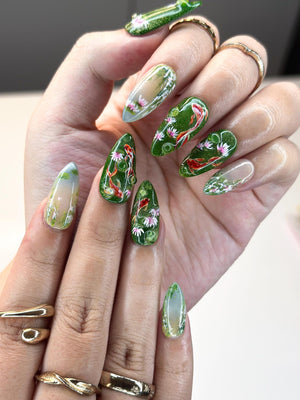 3D Koi Pond & Pink Lotus Press On Nails | Zen Garden Art | Luxury Moss Green Shimmer Stiletto Nails | Water Droplet Nail Art | OB387IC