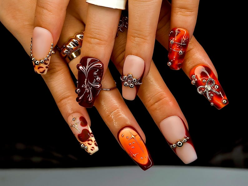 Fall Orange Leopard Press On Nails | Autumn Handmade Luxury Set | 3D Bow & Butterfly Nail Art | Fall Statement Design | OB1095EC