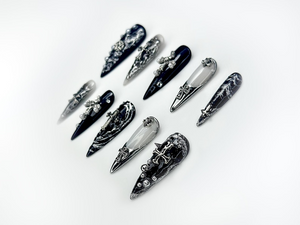 Gothic Cross Elegance Press On Nails | Black & Silver 3D Nail Art | Intricate Crosses And Pearls | Dark Gothic Fantasy Nails |OB1045EP