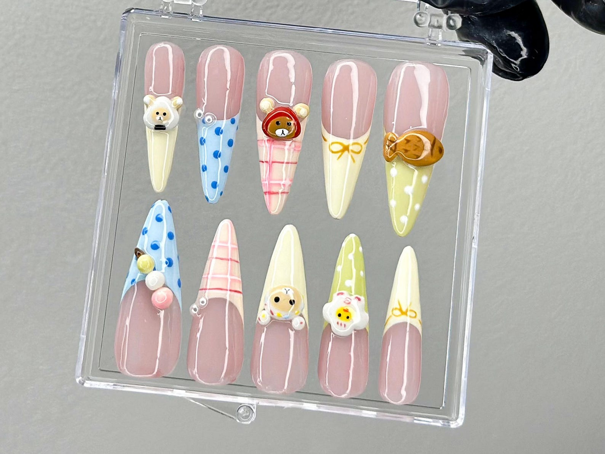 Cute 3D Cartoon Press On Nails | Pastel Kawaii Nail Art | 3D Bear Picnic Press Ons | Gingham Pastel Fake nails |Animal Kawaii Nails |OB990YK