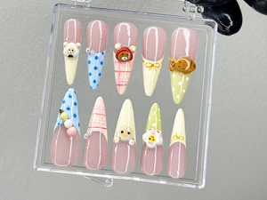 Cute 3D Cartoon Press On Nails | Pastel Kawaii Nail Art | 3D Bear Picnic Press Ons | Gingham Pastel Fake nails |Animal Kawaii Nails |OB990YK