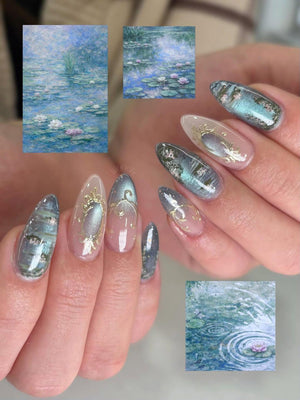 Teal Cat Eye Press On Nails | Elegant Vintage Nail Art | Ocean Marble Luxury Nails | Floral Blue Gradient Nails | Classy Press Ons | OB332HK