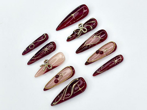 Wine Red Fall Press On Nails | Burgundy & Gold Nail Art | Autumn Holiday Nails | Handmade Glam Nail Set | Elegant Long Nails | OC1137BC