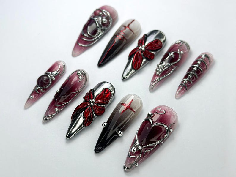 Gothic Blood Red Press-On Nails | Edgy Black And Red Press-Ons | Gothic Press-On Set | Cyberpunk & Gothic Nails | OB726HC
