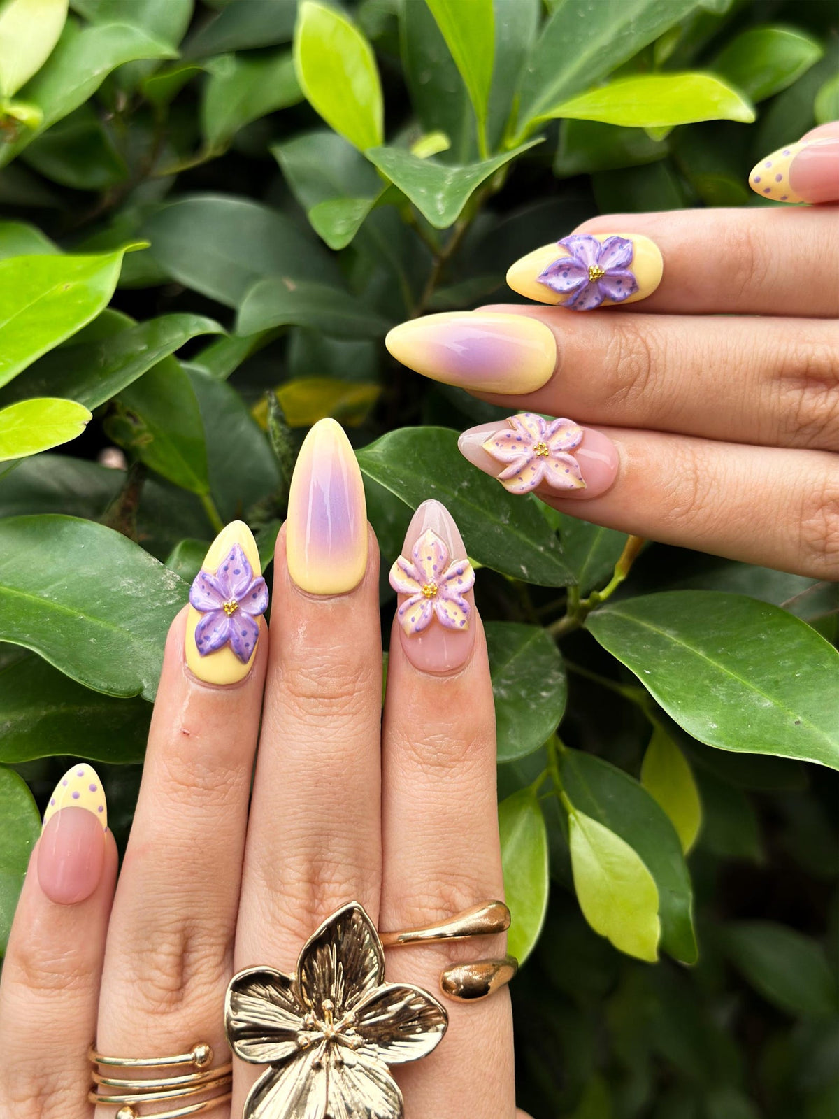 Pastel Sunset Bloom Press On Nails | 3D Purple Flower Nails | Yellow Ombre Nails | Soft Floral Nail Art | Elegant Almond Nails | OB848NC