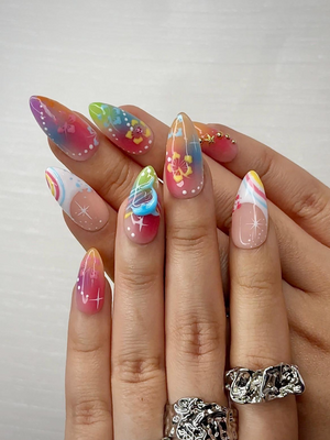 Midnight Sun Press On Nails for Y2K Lovers | Sunset Ombre Rainbow Nails with 3D Floral Art | 90s Nail Design | Artistic Press Ons | OB290HC