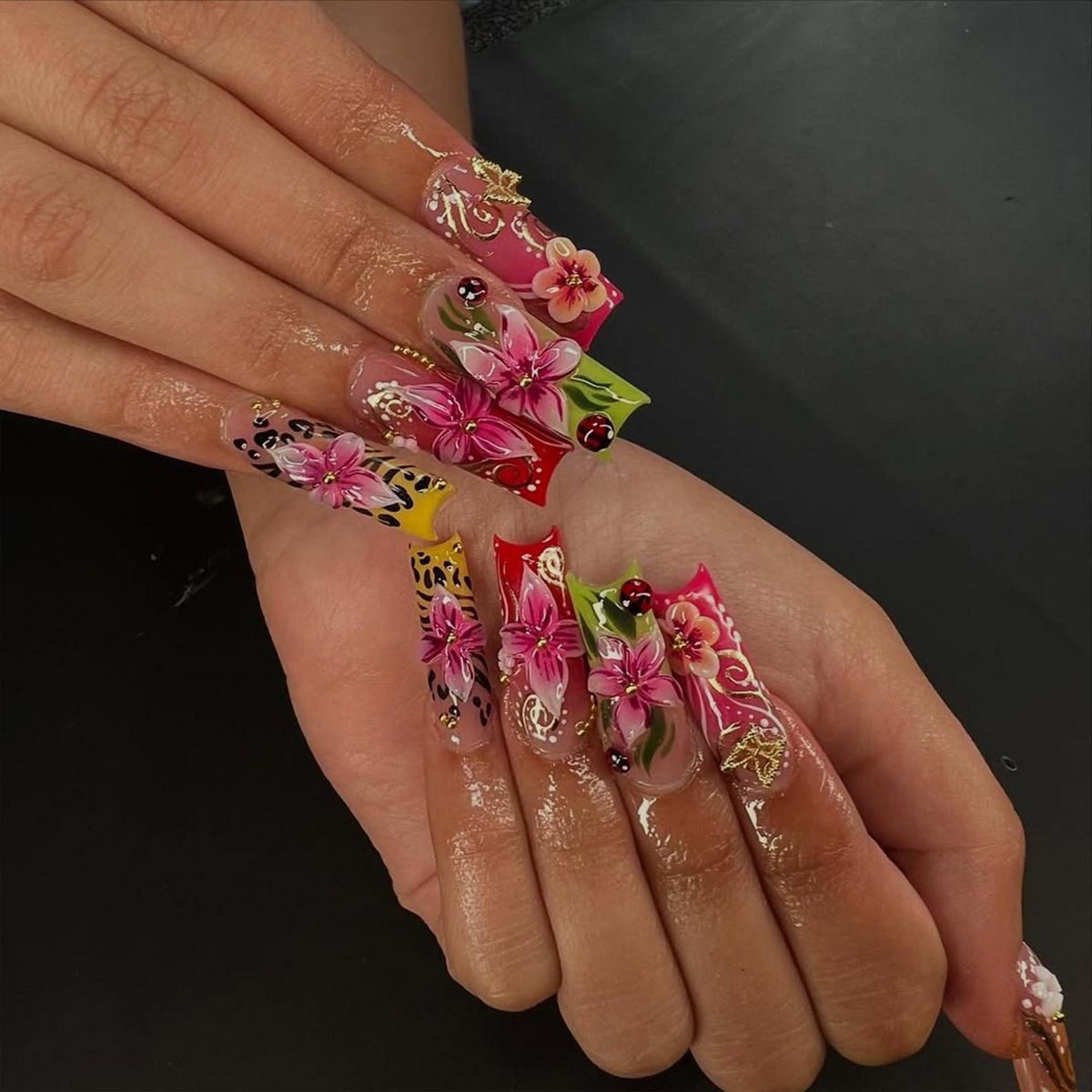 Tropical Floral Press On Nails | 3D Tropical Flowers Nail Art | Vibrant Ladybug Design Fake Nails | Bold Tropical Kawaii Nails | OB893HC
