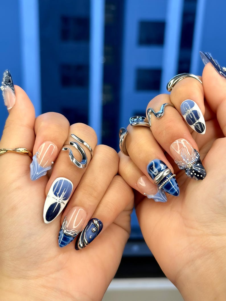 Winter Midnight Spark Press On Nails | Blue Chrome Nail Art | Silver Star 3D Nails | Elegant Winter Press Ons | OB214EC