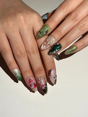 Asian Inspired Luxury Press On Nails | Jade Green Gold Floral Nails | Handpainted Pagoda Nail Art | Elegant Statement Press Ons | OB309HC