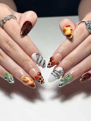 2026 Trend: Biomorphic Amber & Moss Nails | Tortoiseshell Cyber-Grunge Press Ons | Liquid Metal Silver Art | Earth-Tone Future Nails| OB363IC