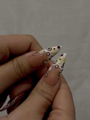 Modern Garden French Press On Nails | Playful Floral & Polka Dot Nails | Luxury Nude Base Press Ons | Playful Garden Nail Art | OC1273EC