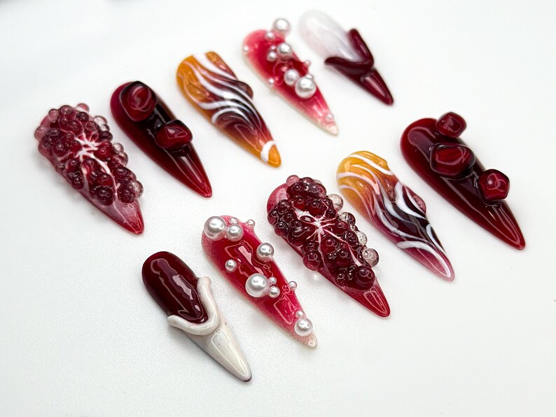 Pomegranate Lava Press On Nails | Deep Red Chrome Fruit Nails | 3D Pearl Fire Nail Art | Garnet Gradient Press Ons | Artistic Red | OB858H