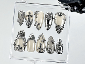 Gothic Chrome Press On Nails | Silver Gothic Fake Nails | Punk Rock Chrome Nail Art | 3D Cross Gothic Press Ons | Fashion Nails | OB889YK