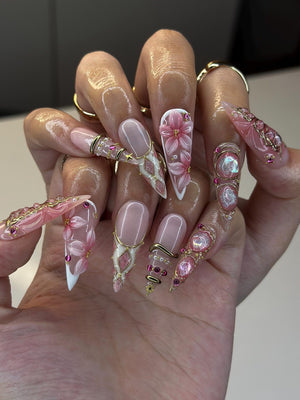 Gold Butterfly & Lily Nails | Pink Fairycore Press Ons | Luxury Floral Celestial Stiletto Art | Royal Fairy Nails | OB386IC