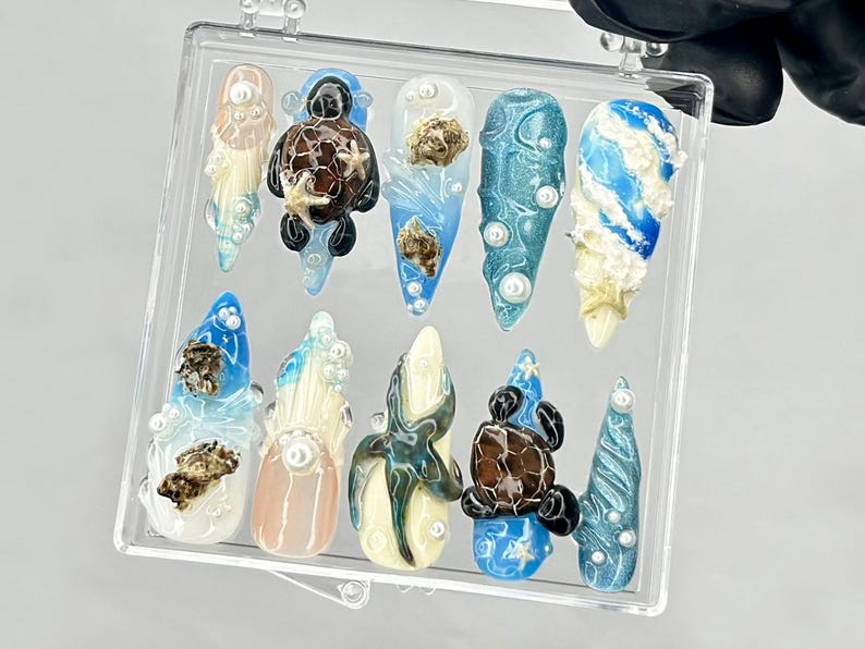 Under the Sea Press On Nails | Sea Turtle 3D Nail Art | Beach Theme Press Ons | Mermaid Core Fake nails | Blue Beach Vibes Nails | OB948YC