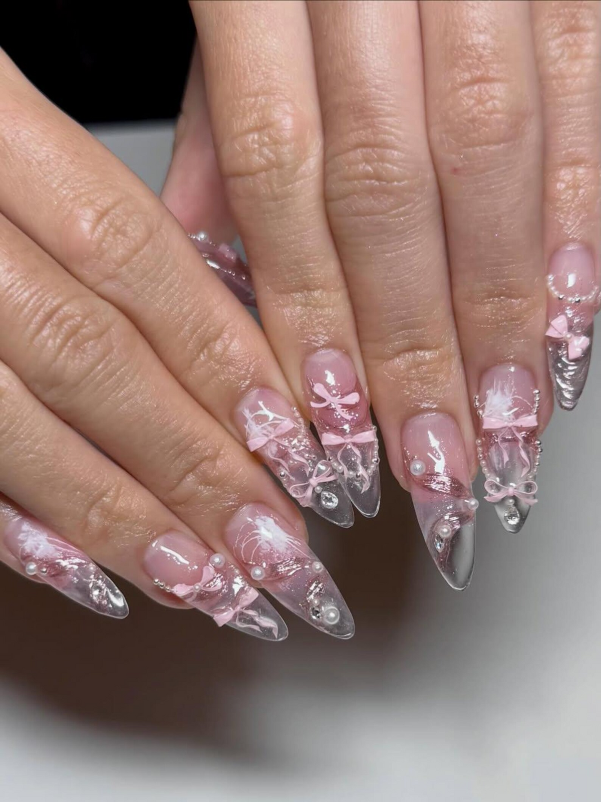 Pink Ballerina Press On Nails for Girls – Soft Blush Ombre Stiletto Nails with Pearls & Ribbons, Handmade Coquette Balletcore Inspired Press On Nail Set, Luxury Princess Nails | OB291HC