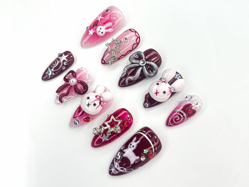 Gothic Bunny Dream Press On Nails | Red And Pink Festive Nail Art | 3D Bunny & Bow Charms | Starry Holiday Glam Nails | OB1177BC