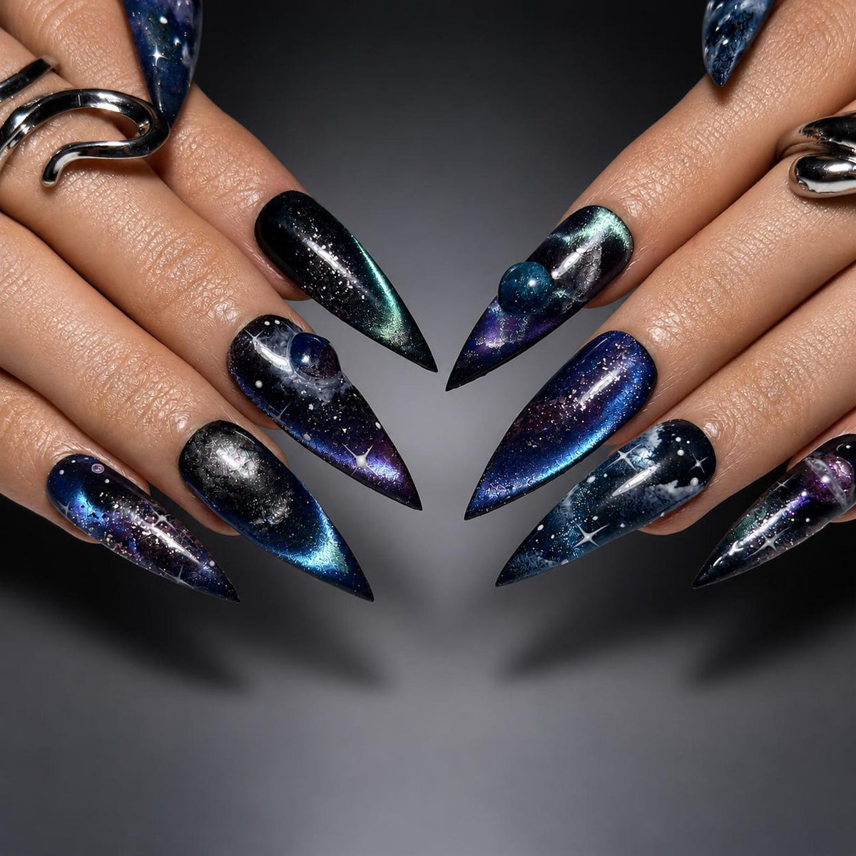 Galaxy Space Press On Nails Long Stiletto • 3D Planet Art • Nebula Milky Way Handpainted Stars • Festival Rave Party • OB1362LG