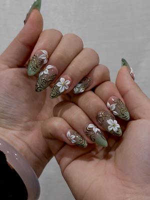 3D White Blossom Gold Press On Nails | Nude Green Luxury Stiletto Nails | Handmade Elegant Nail Art | Classic Luxury Press Ons | OB301EC