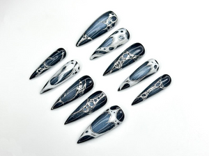 Winter Galaxy Press On Nails | Black & Silver Metallic Nail Art | Space-Inspired Chrome Design | Gothic Celestial Nails | OC1166BK